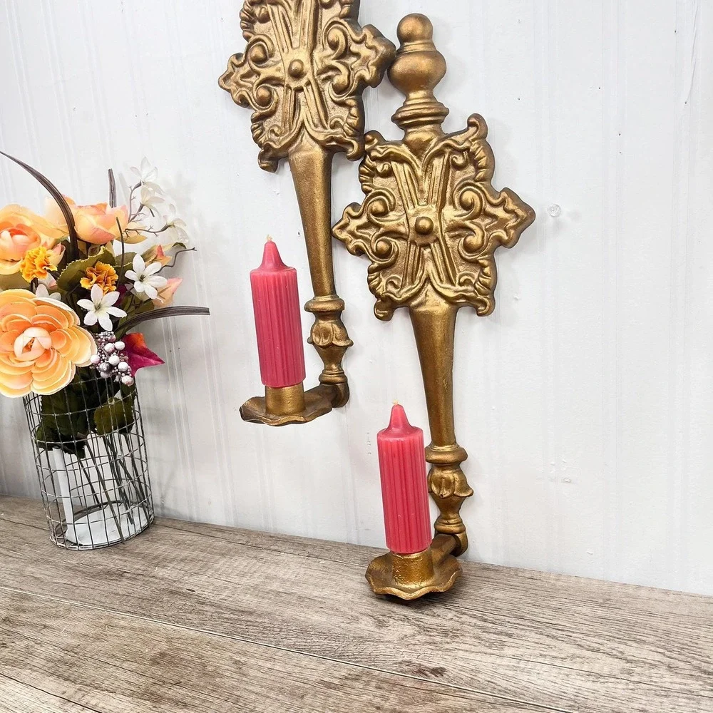 Vintage Hoda Gilt Wall Sconce Pair | 16" Ornate Gold Taper Candle Holders